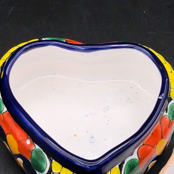 Puebla Mexico Signed Pottery Lidded Dish Handmade Trinket Jewelry Heart Flowers - Picture 5 of 10
